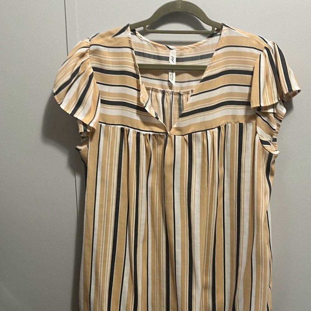 NY Collection Tan and Black Striped Blouse with Ruffle Sleeves